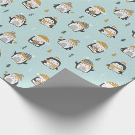 Papel De Presente Pinguins bonitos com árvores pequenas em azul clar