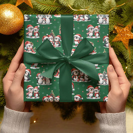 Papel De Presente Pinguins bonitos de inverno verde e Natal vermelho