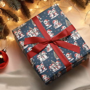 Papel De Presente Pinguins bonitos no chapéu vermelho Marinho Natal 