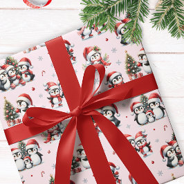 Papel De Presente Pinguins bonitos no Red Hats Diversão Rosa Natal