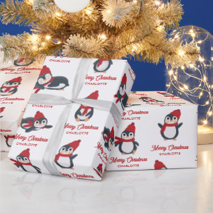 Papel De Presente Pinguins Cachorros de inverno Feliz Nome Personali