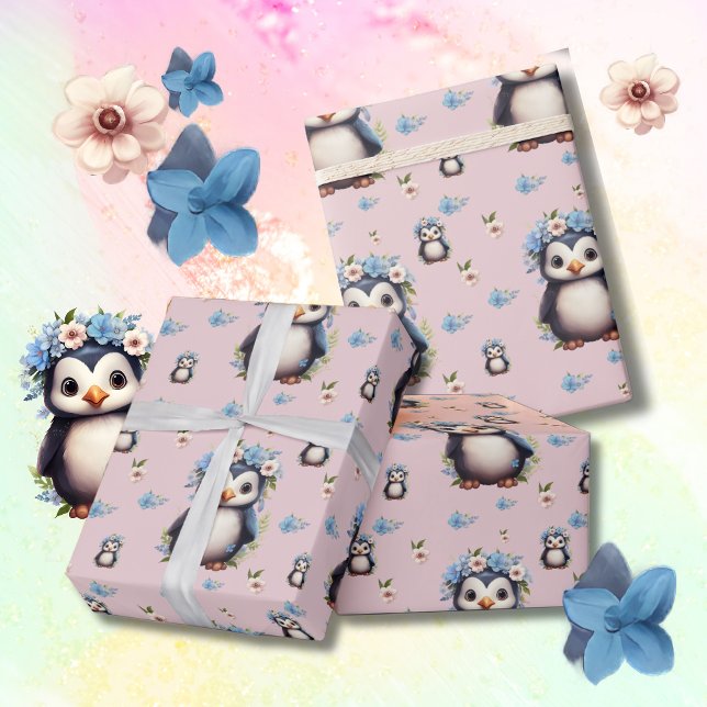 Papel De Presente Pinguins de Aquarela primavera com Flores a Rosa (Penguin pattern wrapping paper, personalized name & text. Multilingual Project)