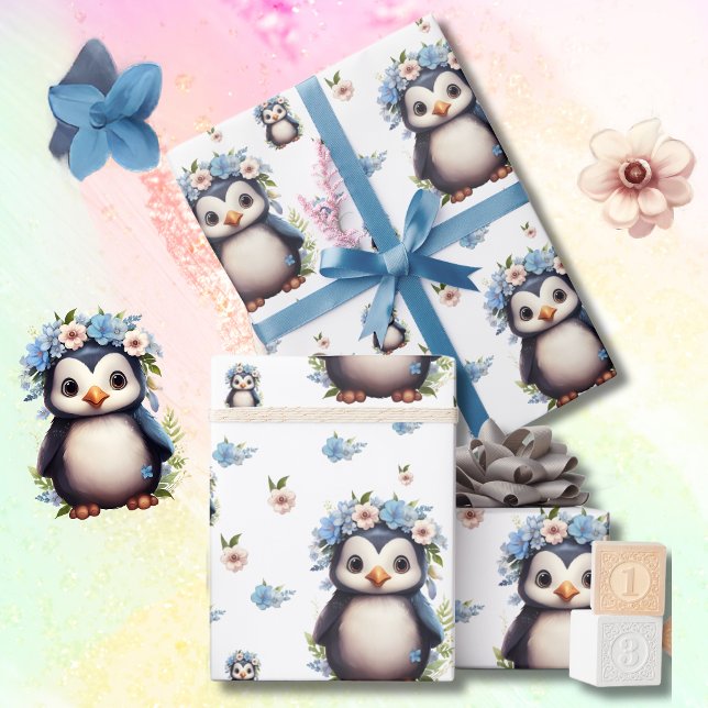 Papel De Presente Pinguins de Aquarela primavera com Flores em Branc (Penguin pattern wrapping paper, bilingual editable text, Spanish, Multilingual project)