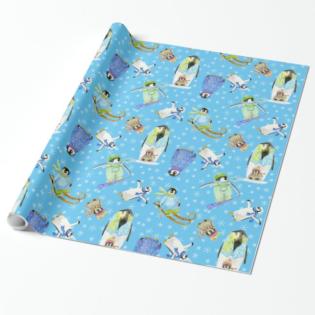 Papel De Presente Pinguins de inverno com flocos de neve Snowboard (Desenrolado)