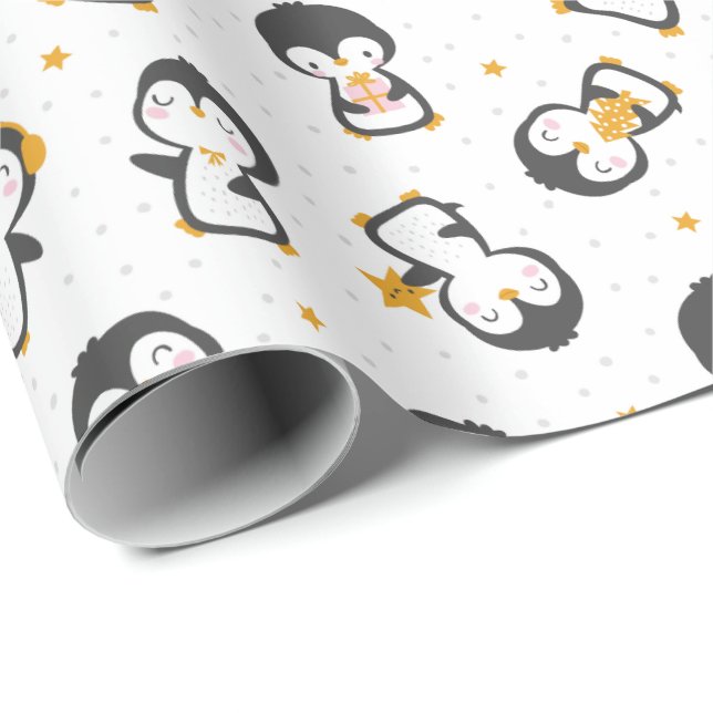 Papel De Presente Pinguins de natal bonitos em branco (Ponta do rolo)