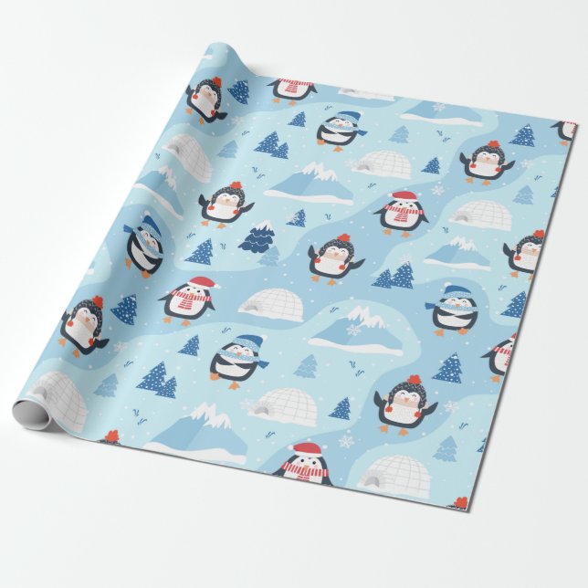 Papel De Presente Pinguins de Natal e Igloos (Desenrolado)
