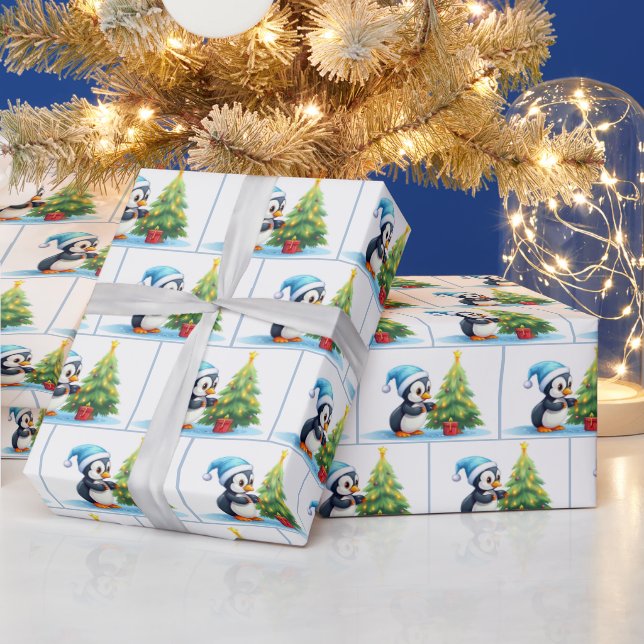 Papel De Presente Pinguins de Natal em Aquarela (Feriados)