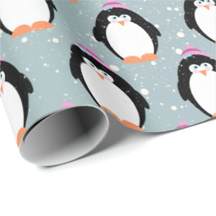 Papel De Presente Pinguins de Natal em Flocos de Neve