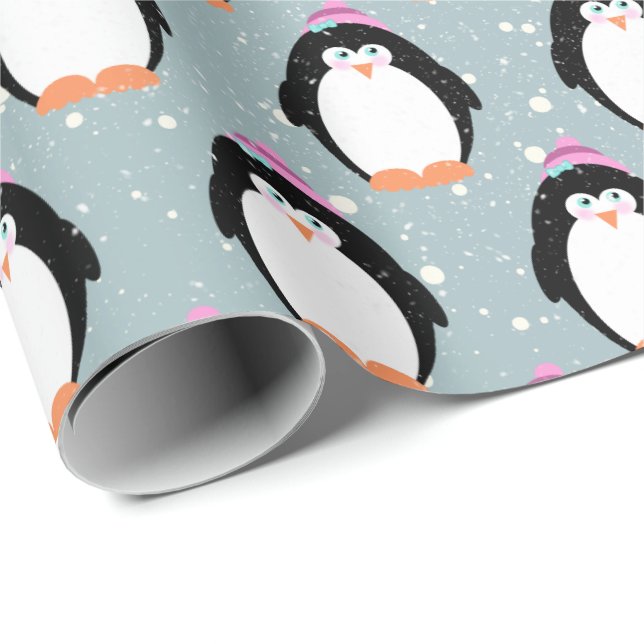 Papel De Presente Pinguins de Natal em Flocos de Neve (Ponta do rolo)