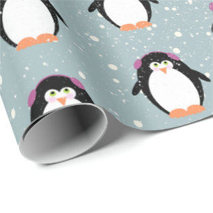 Papel De Presente Pinguins de Natal em Flocos de Neve