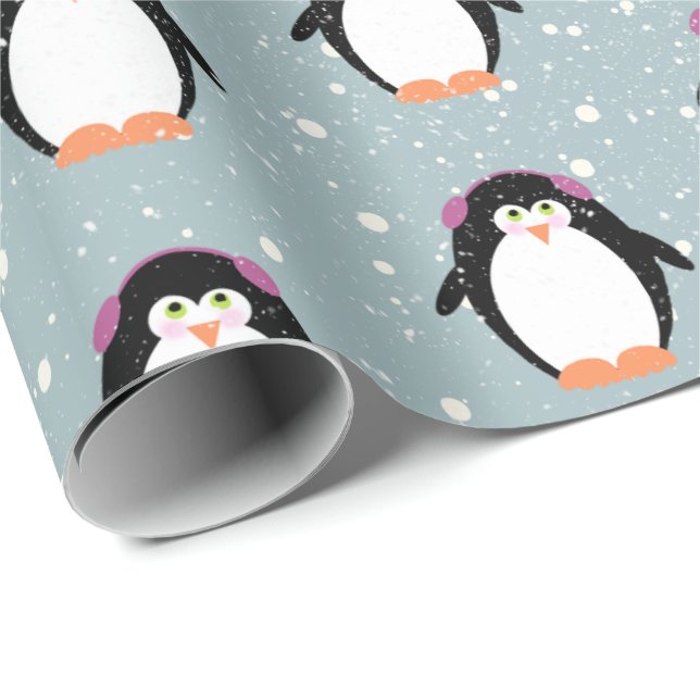 Papel De Presente Pinguins de Natal em Flocos de Neve (Ponta do rolo)