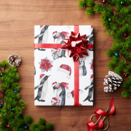 Papel De Presente Pinguins de Natal em Santa Hats
