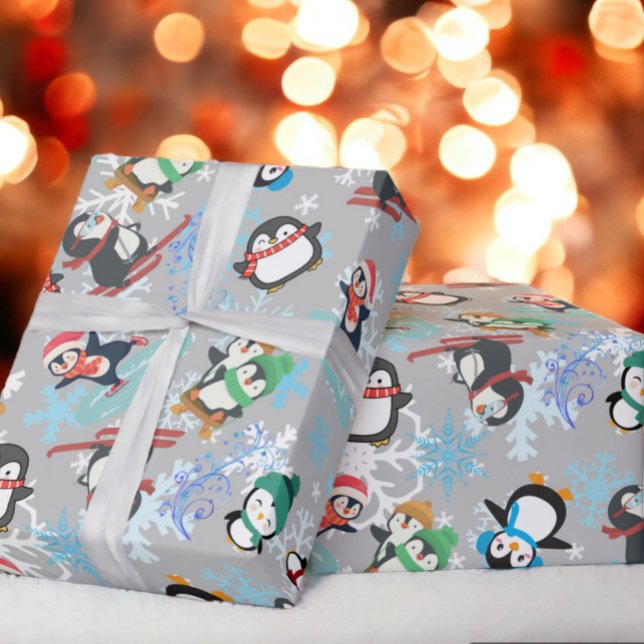 Papel De Presente Pinguins de Natal esportes de inverno Bonitos Engr (Criador carregado)