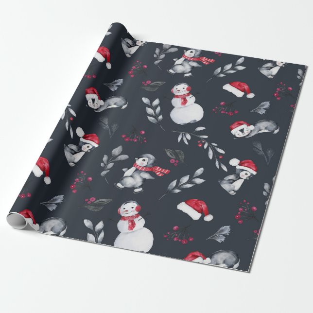 Papel De Presente Pinguins de Natal Vermelho e Branco e Carvões de N (Desenrolado)