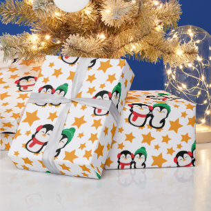 Papel De Presente Pinguins e Estrelas Amarelas Cachorros Sem Costura