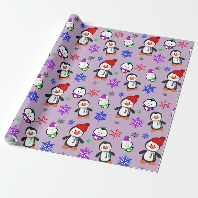 Papel De Presente Pinguins e Flocos de Neve Frescos de Natal (Desenrolado)