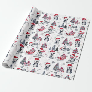 Papel De Presente Pinguins em Santa Hats Padrões da Cena de Inverno