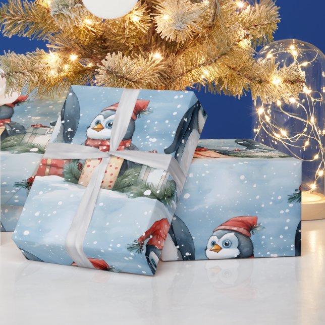 Papel De Presente Pinguins embrulhando a neve (Feriados)