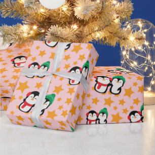 Papel De Presente Pinguins encantadores e estrelas, cor-de-rosa-de-f