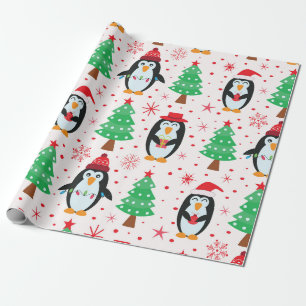 Papel De Presente Pinguins engraçados de Natal com árvores de Natal 