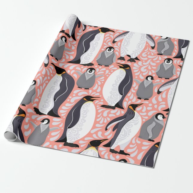 Papel De Presente Pinguins imperadores e seus filhotes em um padrão  (Desenrolado)