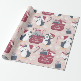 Papel De Presente Pinguins Rosa 