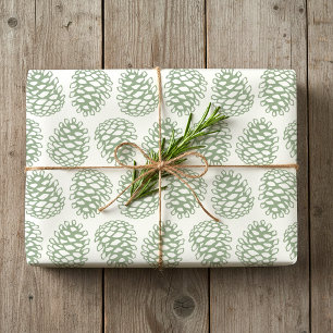 Papel De Presente Pinha de Natal Rústica Vintage Verde Salvia