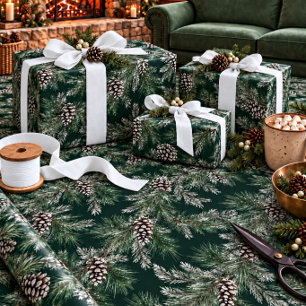 Papel De Presente Pinhas Brancas Cones de Pinheiro Garlanda de Árvor