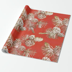 Papel De Presente Pinhas de Natal Dourado Brilho Vermelho