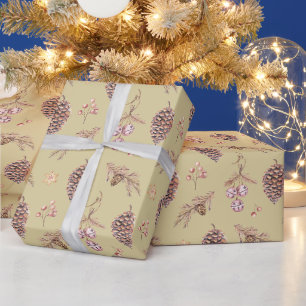 Papel De Presente Pinhas de Natal em Aquarela e Decorações