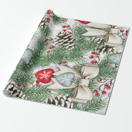 Papel De Presente Pinhas de Pinheiro e Frutas de Azevinho Design de 