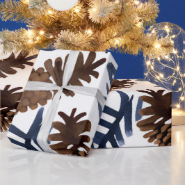 Papel De Presente Pinhas e Galhos | Pintura de Inverno em Aquarela