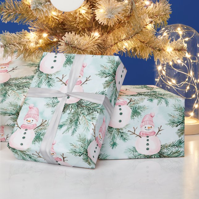 Papel De Presente Pinheiro Rosa Branco Boneco de Neve Menina (Feriados)