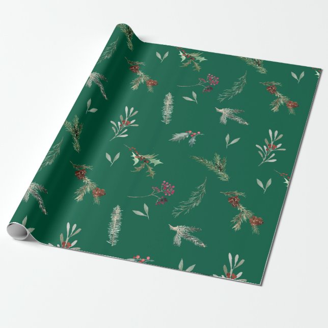 Papel De Presente Pinheiro Spruce & Frutas Vermelhas Verde Floresta (Desenrolado)