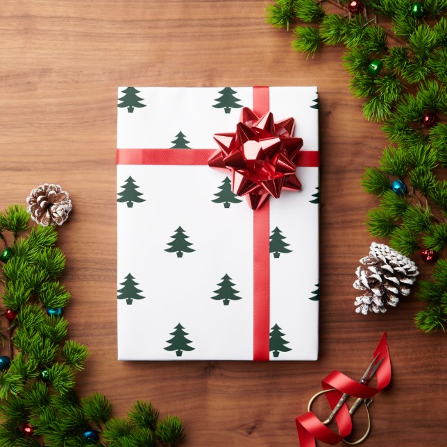 Papel De Presente Pinheiros brancos, pinheiros verdes, simples (Presente de Natal)