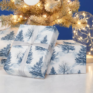 Papel De Presente Pinheiros de Natal Azuis Brancos