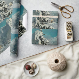 Papel De Presente Pinheiros Nevados Vintage Suíça Chalé Natal