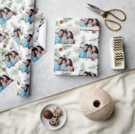 Papel De Presente Pinho branco de fotografia da família natalina