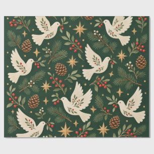 Papel De Presente Pinho Elegante Natal Escandinavo Pombo Branco
