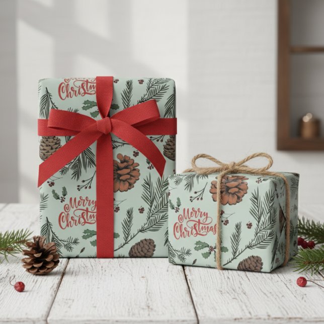 Papel De Presente Pinho Natalino Verde Rústico com Folhas de Azevinh (Rustic Merry Christmas Pinecones & Red Holly Berry Evergreen Pattern Elegant Holiday Wrapping Paper)