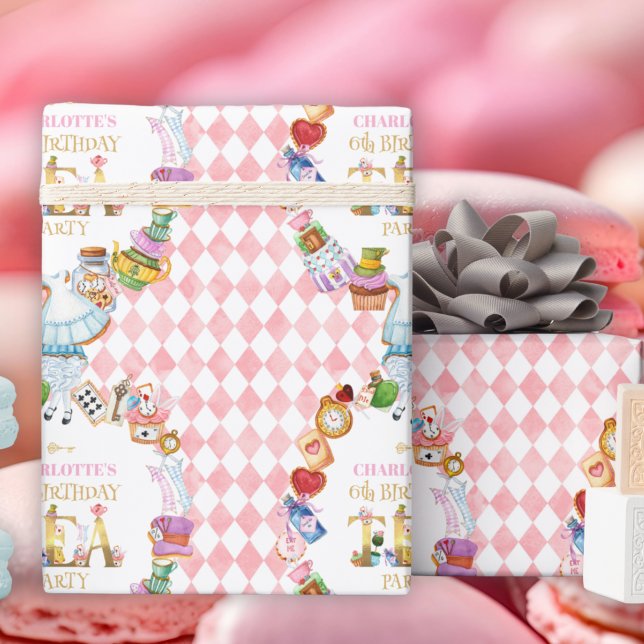 Papel De Presente Pink Alice in Wonderland 6th Birthday   (Criador carregado)