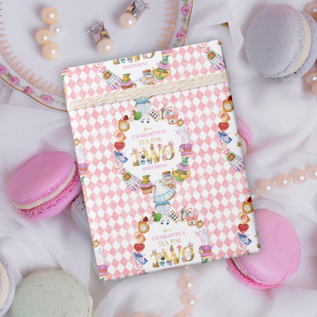 Papel De Presente Pink Alice in Wonderland Tea for Two Birthday   (Criador carregado)