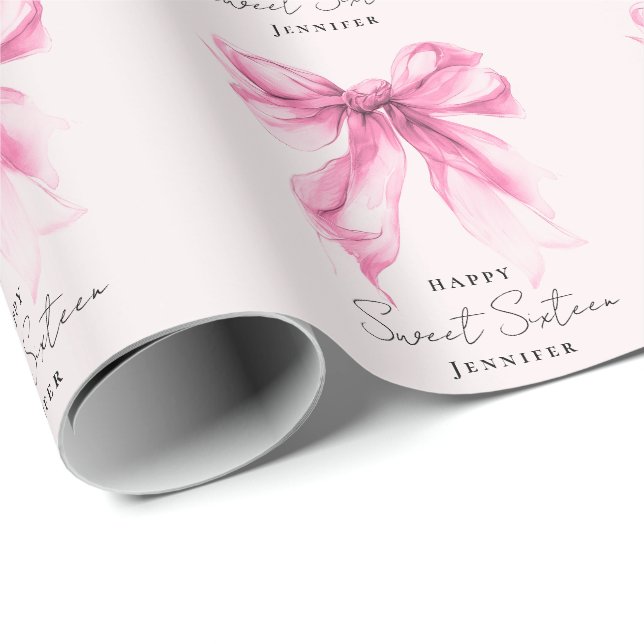 Papel De Presente Pink Bow Coquette Script Sweet 16 Party Blush  (Ponta do rolo)