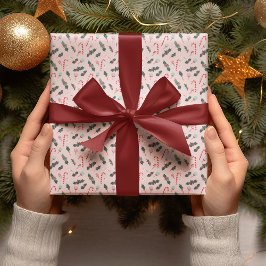 Papel De Presente Pink Candy Cane & Holly Christmas Wrapping Paper