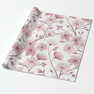 Papel De Presente Pink Cherry Blossom Sakura Pattern on White (2)