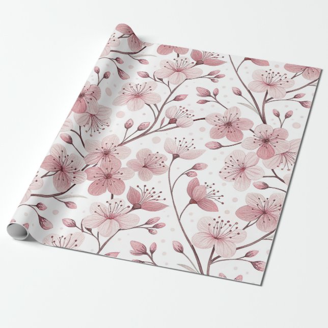 Papel De Presente Pink Cherry Blossom Sakura Pattern on White (2) (Desenrolado)