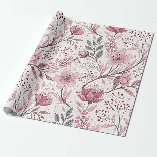 Papel De Presente Pink Cherry Blossom Sakura Pattern on White (3) (Desenrolado)