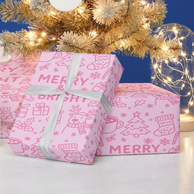 Papel De Presente Pink Christmas Doodle | Feliz Magic (Feriados)