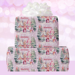 Papel De Presente Pink Christmas Snowman adiciona o nome da garota