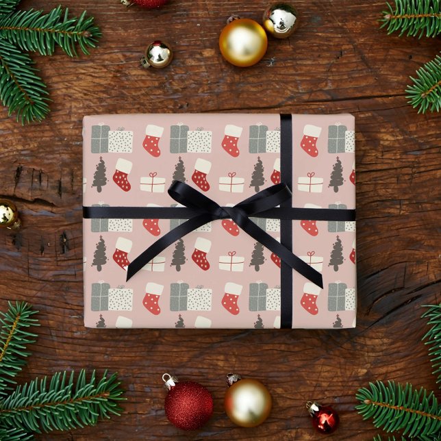 Papel De Presente Pink Christmas Stockings Wrapping Paper  (Criador carregado)